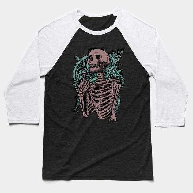 Skeleton and his middle finger Baseball T-Shirt by DeathAnarchy